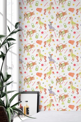 Minimal style home office decorated with Circus nursery peel and stick wallpaper