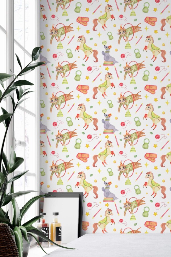 Minimal style home office decorated with Circus nursery peel and stick wallpaper