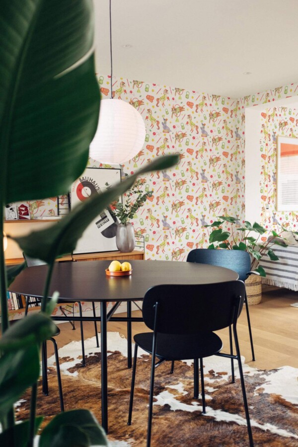 Scandinavian style dining room decorated with Circus nursery peel and stick wallpaper
