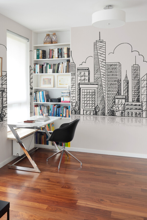 Wall mural peel and stick design with detailed cityscape sketch in black and white showing high-rise buildings, trees, and cloud outlines. The Fancy Walls peel and stick or non-pasted wallpaper.