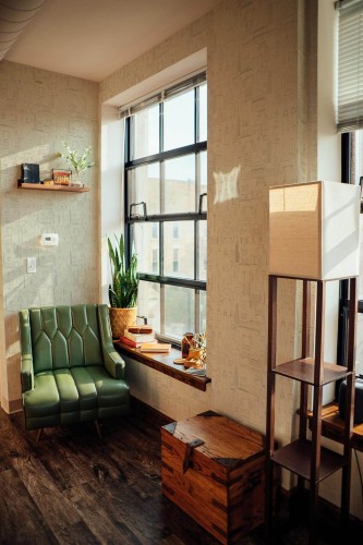 Mid-century style living room decorated with City peel and stick wallpaper