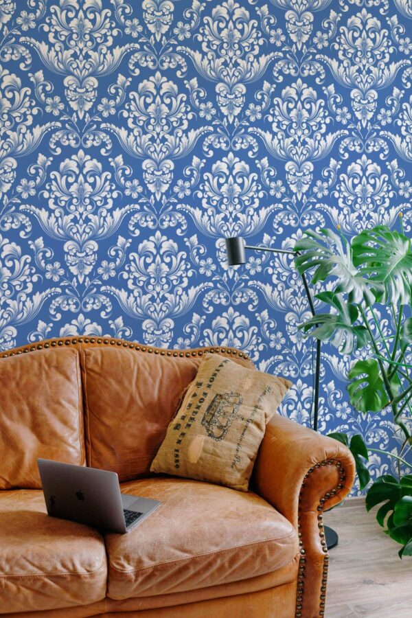 Mid-century modern style living room decorated with Classic damask peel and stick wallpaper