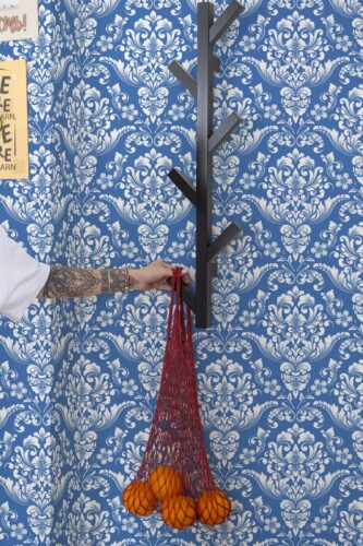 Scandinavian style kitchen decorated with Classic damask peel and stick wallpaper