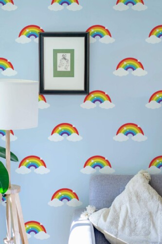 Eastern European style living room decorated with Classic rainbow peel and stick wallpaper