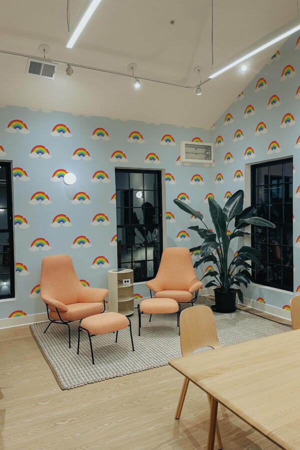 Minimal style living room decorated with Classic rainbow peel and stick wallpaper and mid-century style chairs