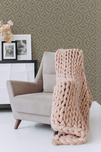 Boho style living room decorated with Classy Art deco peel and stick wallpaper
