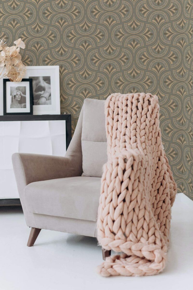 Boho style living room decorated with Classy Art deco peel and stick wallpaper