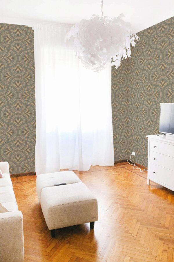 Modern boho style living room decorated with Classy Art deco peel and stick wallpaper