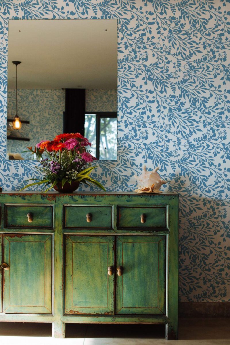 Industrial style living room decorated with Classy floral peel and stick wallpaper