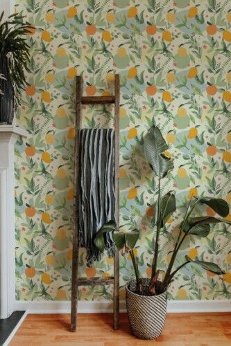 Scandinavian style living room decorated with Clementine garden peel and stick wallpaper