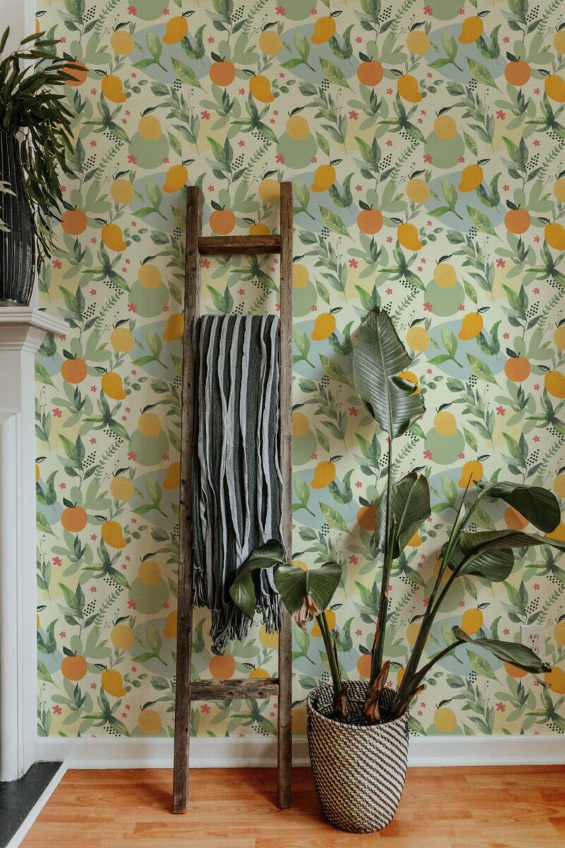 Scandinavian style living room decorated with Clementine garden peel and stick wallpaper
