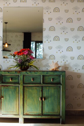 Industrial style living room decorated with Cloud nursery peel and stick wallpaper
