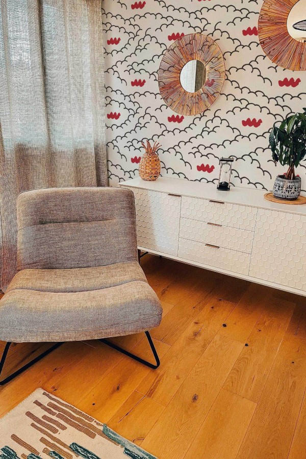 Modern style living room decorated with Clouds with red accent peel and stick wallpaper