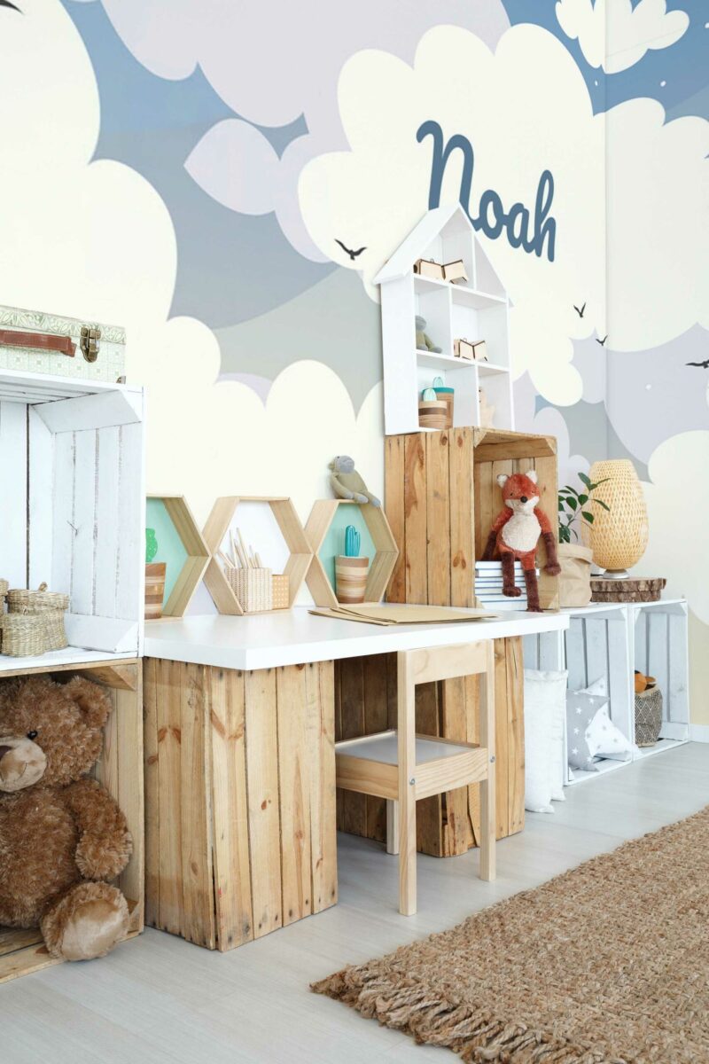 Cloudy Name peel and stick or non-pasted wall mural. Fancy Walls removable self-adhesive or traditional nature sky and clouds eco-friendly and PVC-free nursery wall mural.