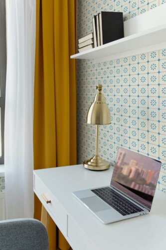 Scandinavian style home office decorated with Coastal floral tiles peel and stick wallpaper