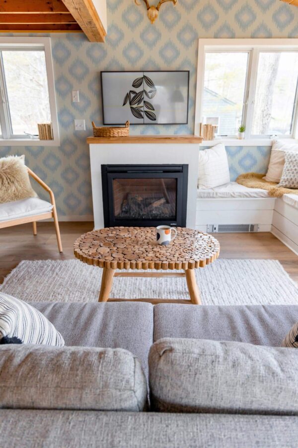 Farmhouse boho style living room decorated with Coastal ikat peel and stick wallpaper
