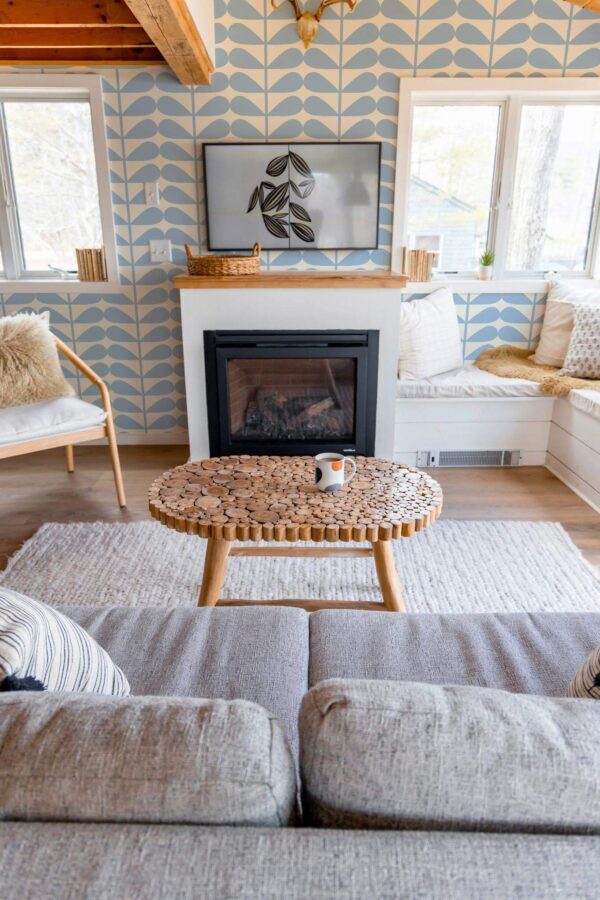 Farmhouse boho style living room decorated with Coastal leaves peel and stick wallpaper