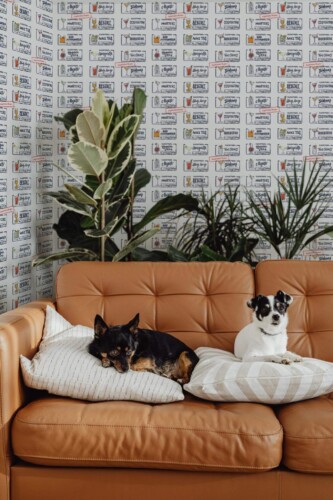 Mid-century modern style living room decorated with Cocktail peel and stick wallpaper