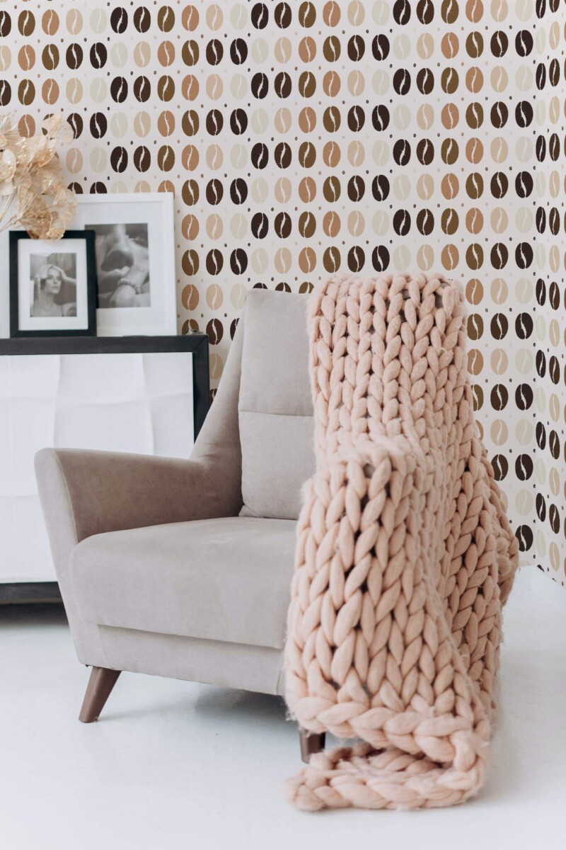 Boho style living room decorated with Coffee beans peel and stick wallpaper