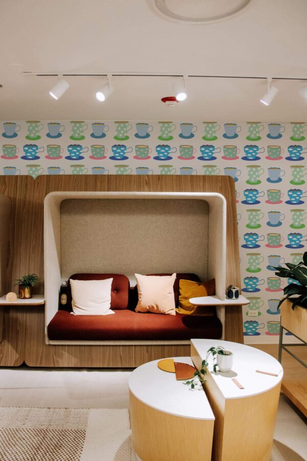 Mid-century modern style bedroom decorated with Coffee cups peel and stick wallpaper