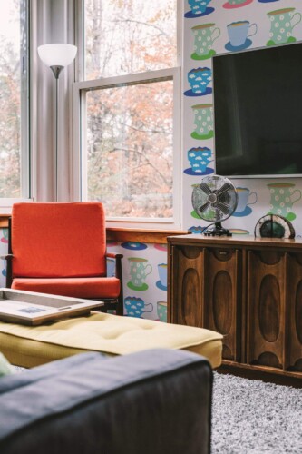 Rustic style living room decorated with Coffee cups peel and stick wallpaper