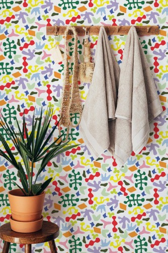 Boho style bathroom decorated with Colorful abstract coral peel and stick wallpaper