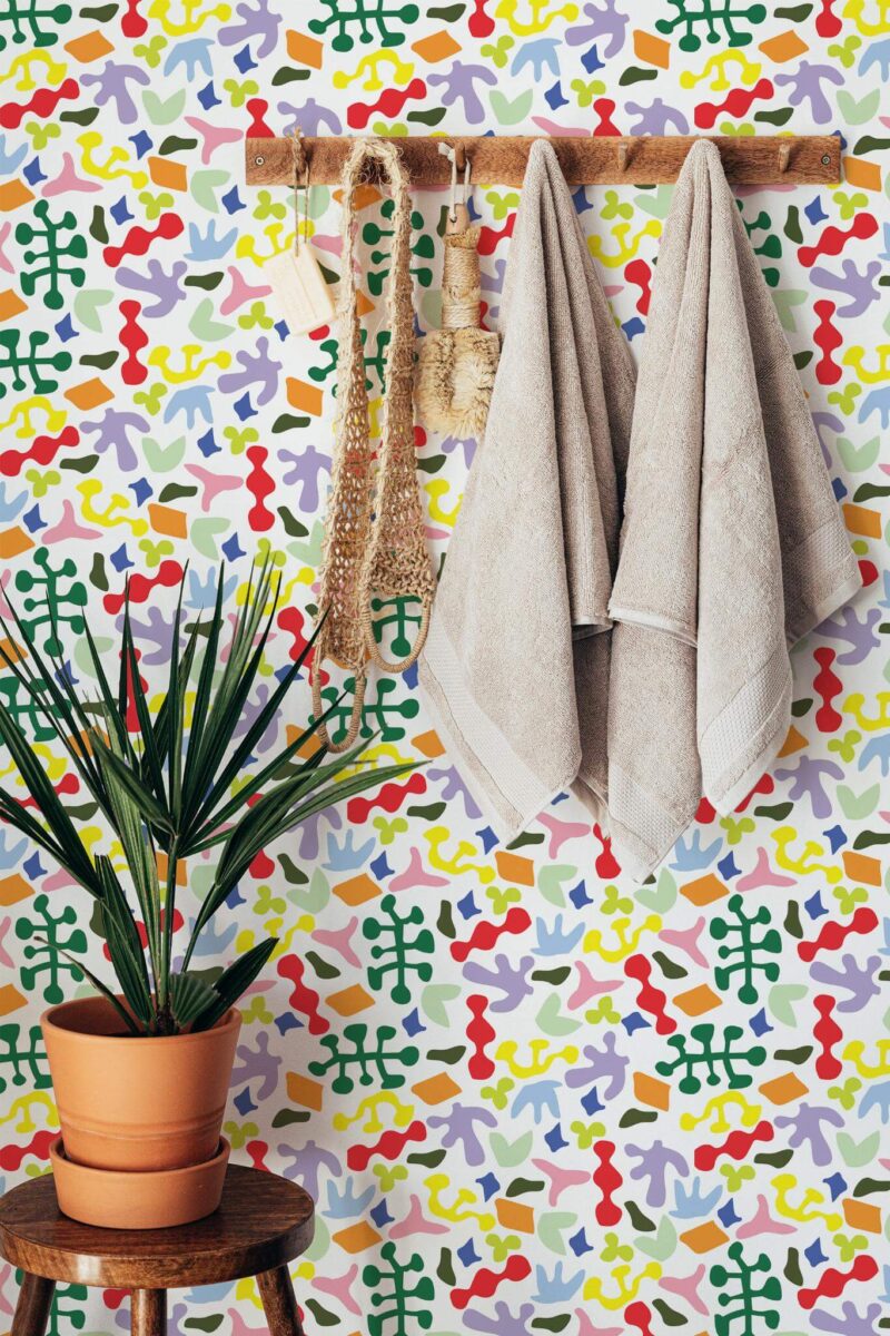 Boho style bathroom decorated with Colorful abstract coral peel and stick wallpaper