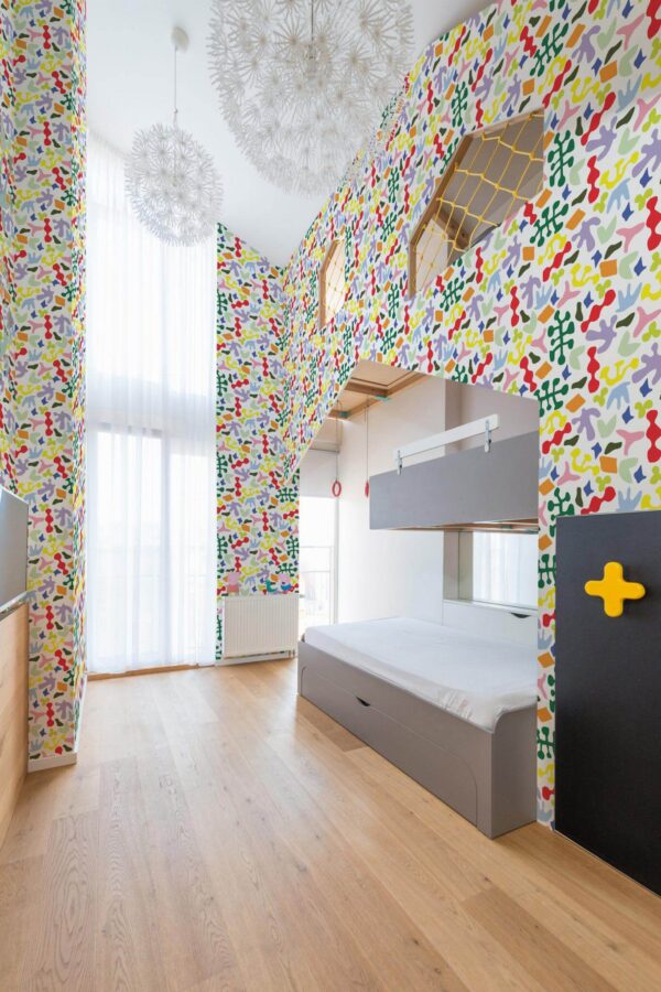 Modern style kids room decorated with Colorful abstract coral peel and stick wallpaper