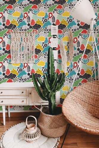 Bohemian style living room decorated with Colorful abstract design peel and stick wallpaper