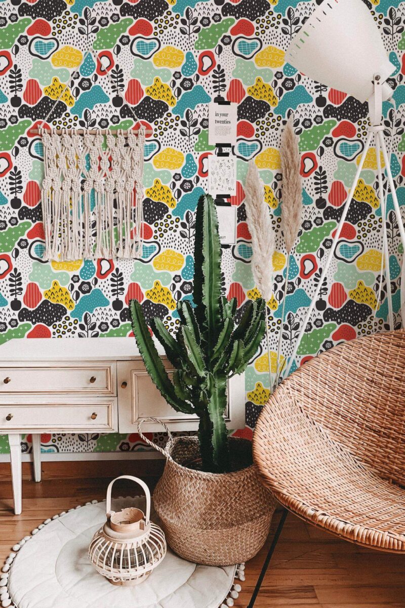 Bohemian style living room decorated with Colorful abstract design peel and stick wallpaper