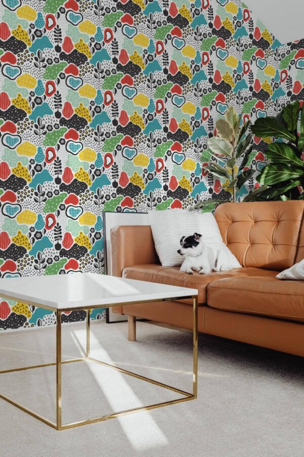 Mid-century modern style living room with dog on a sofa decorated with Colorful abstract design peel and stick wallpaper