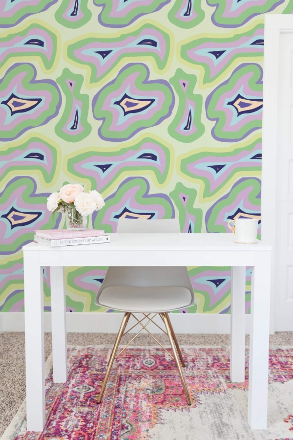 Shabby chic style home office decorated with Colorful abstract peel and stick wallpaper