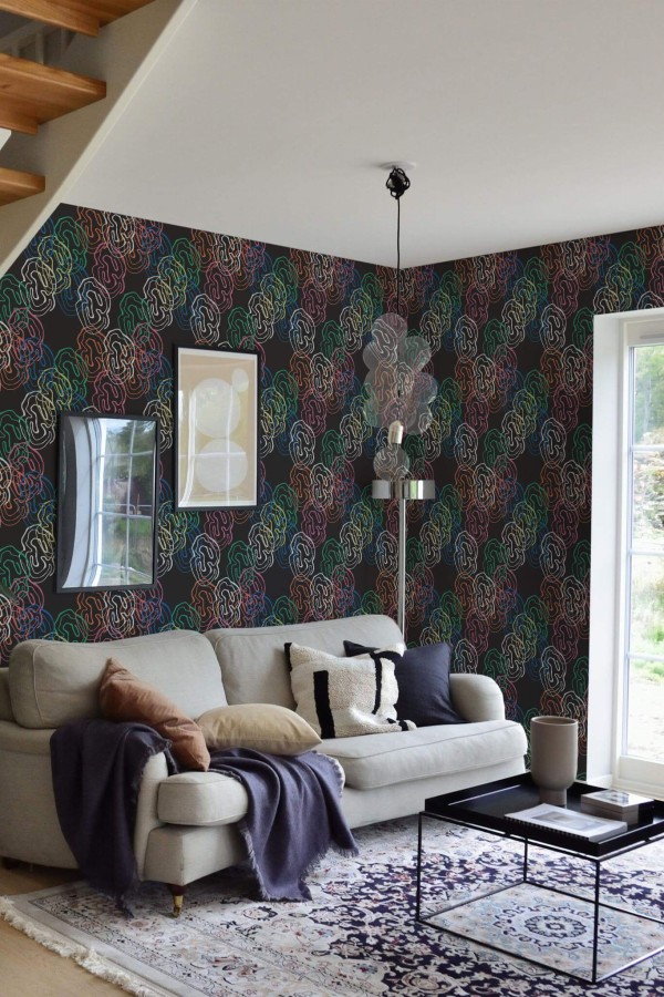 Contemporary style living room and kitchendecorated with Colorful abstract shapes peel and stick wallpaper