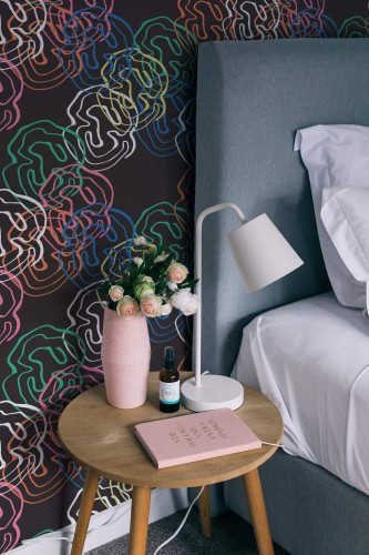 Rustic style bedroom decorated with Colorful abstract shapes peel and stick wallpaper