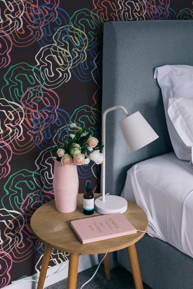 Rustic style bedroom decorated with Colorful abstract shapes peel and stick wallpaper