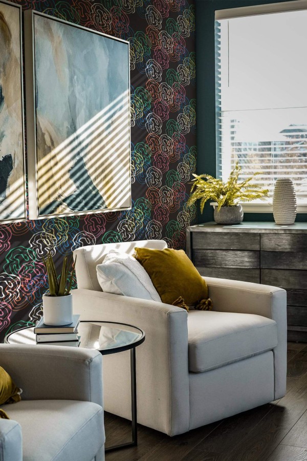 Shabby chic style living room decorated with Colorful abstract shapes peel and stick wallpaper