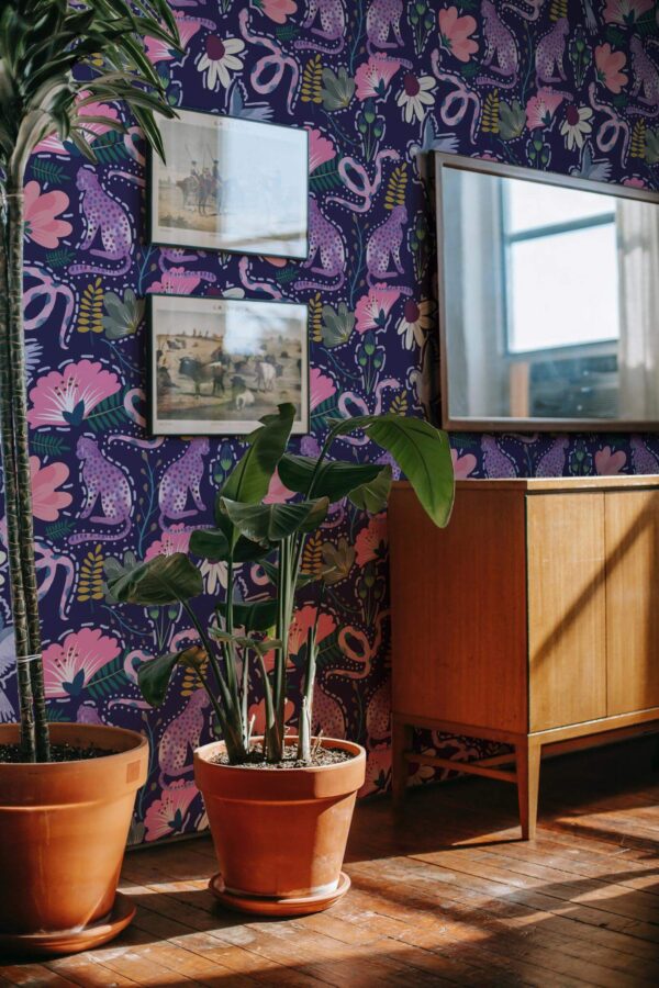 Mid-century modern style living room decorated with Colorful animal peel and stick wallpaper