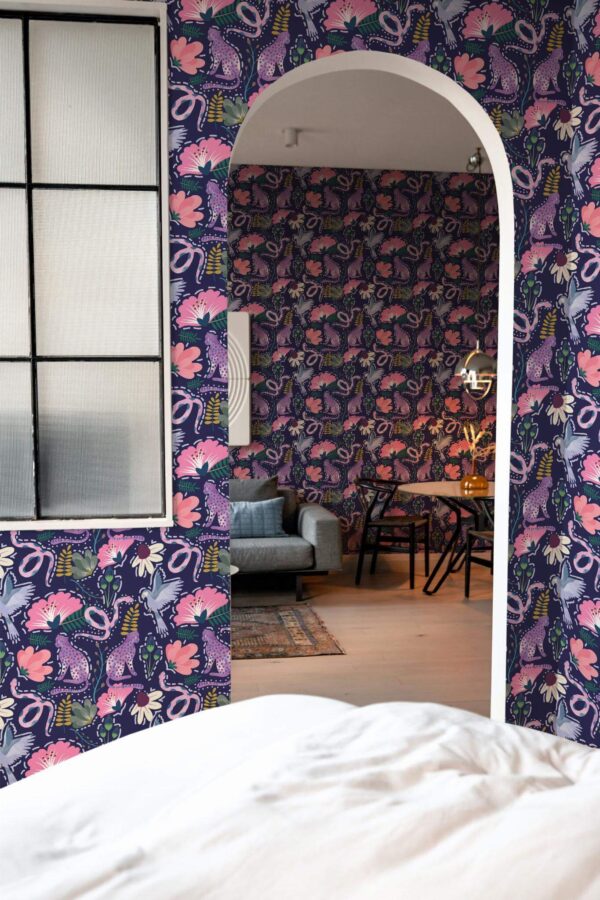 Modern scandinavian style living room decorated with Colorful animal peel and stick wallpaper