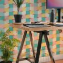 Scandinavian style home office decorated with Colorful Barber shop peel and stick wallpaper