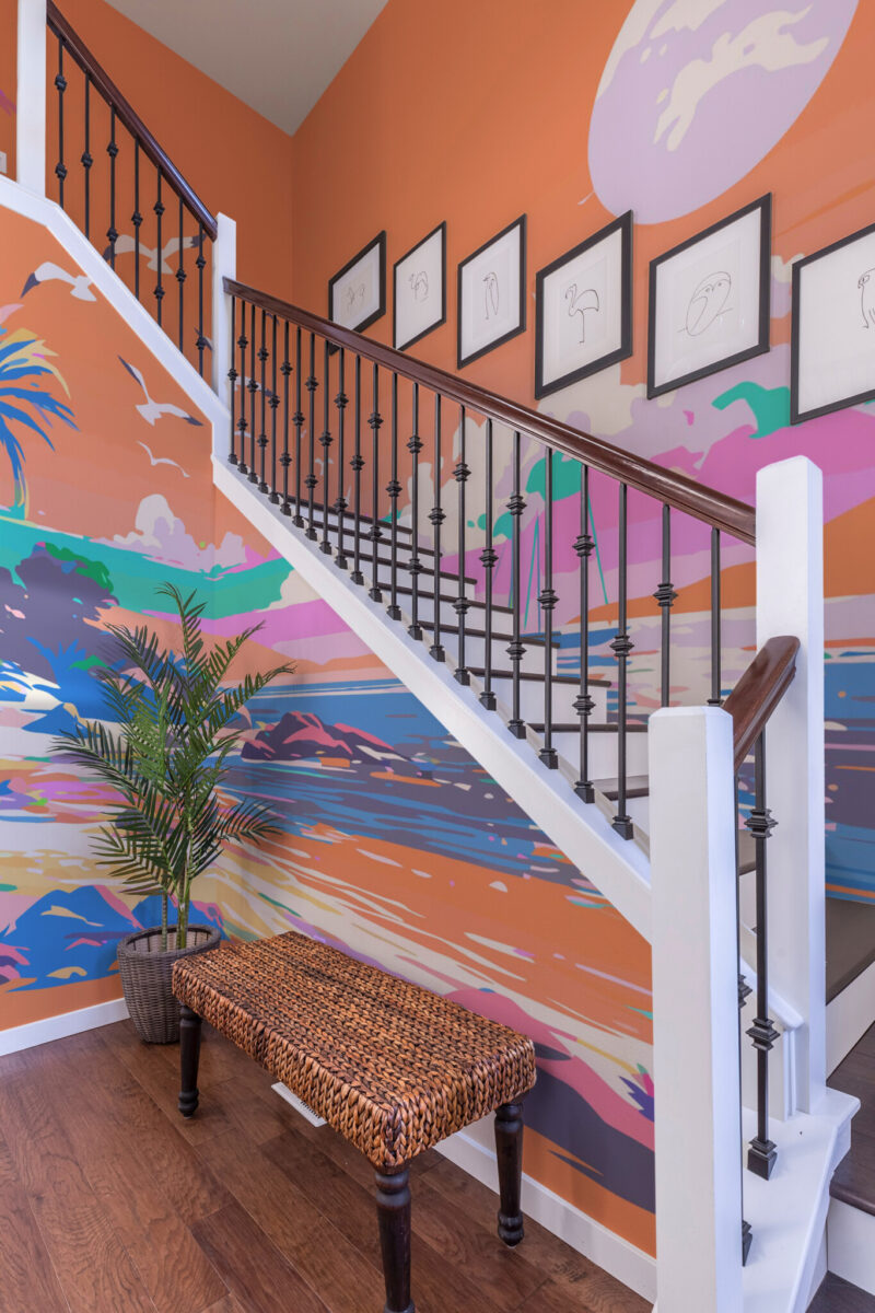 Bright Colorful Beach Landscape wall mural with a vibrant coast, orange sky, palms, and boat, perfect for kids’ rooms, play areas, or creative spaces.