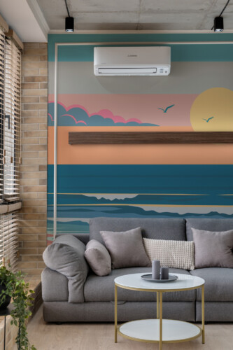 Dreamy Colorful Beach Sunset wall mural with vibrant sunset, blue sky, and coastal birds, ideal for living rooms, accent walls, or seaside-inspired interiors.