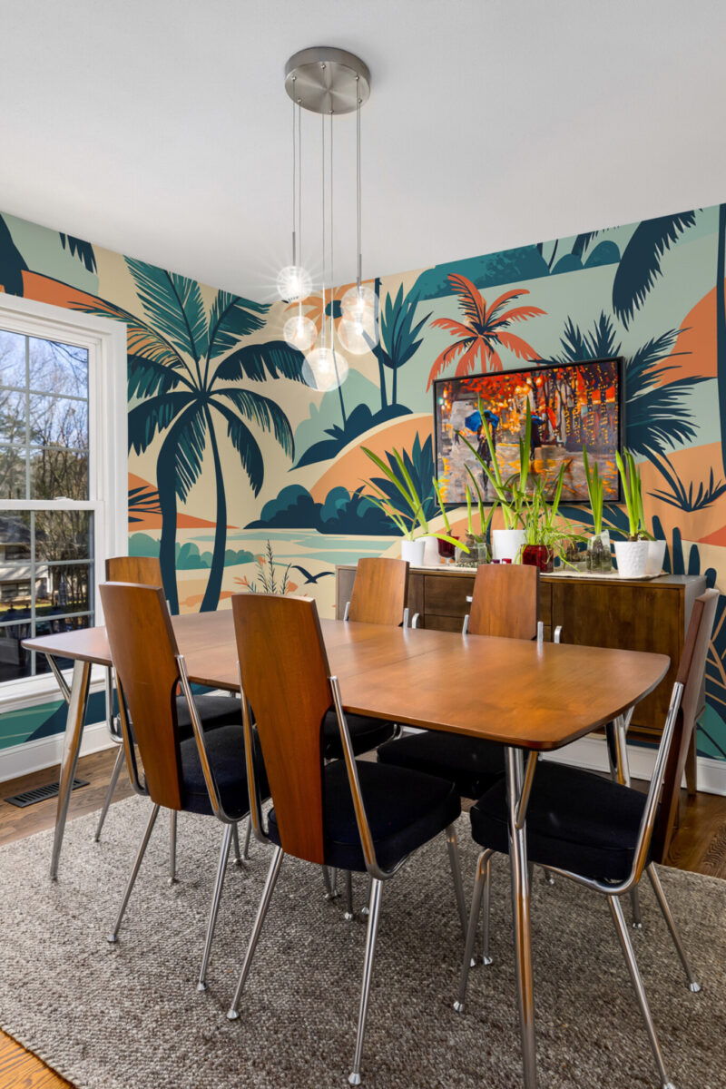 Palm Dreams wall mural with blue palm silhouettes and colorful beach details, ideal for accent walls, offices, or coastal-inspired interiors.