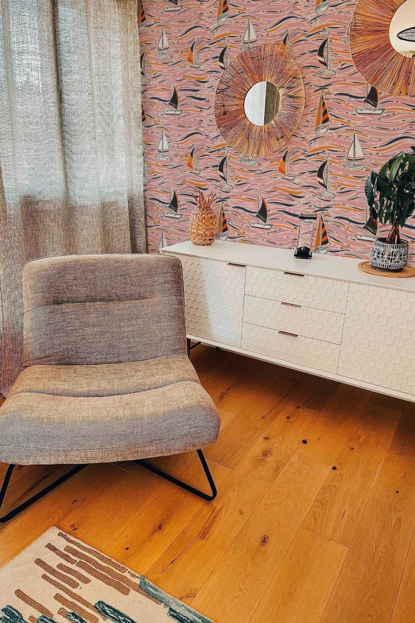 Modern style living room decorated with Colorful boat peel and stick wallpaper