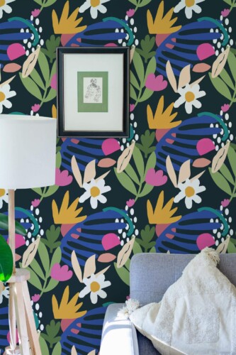 Eastern European style living room decorated with Colorful bold flowers peel and stick wallpaper