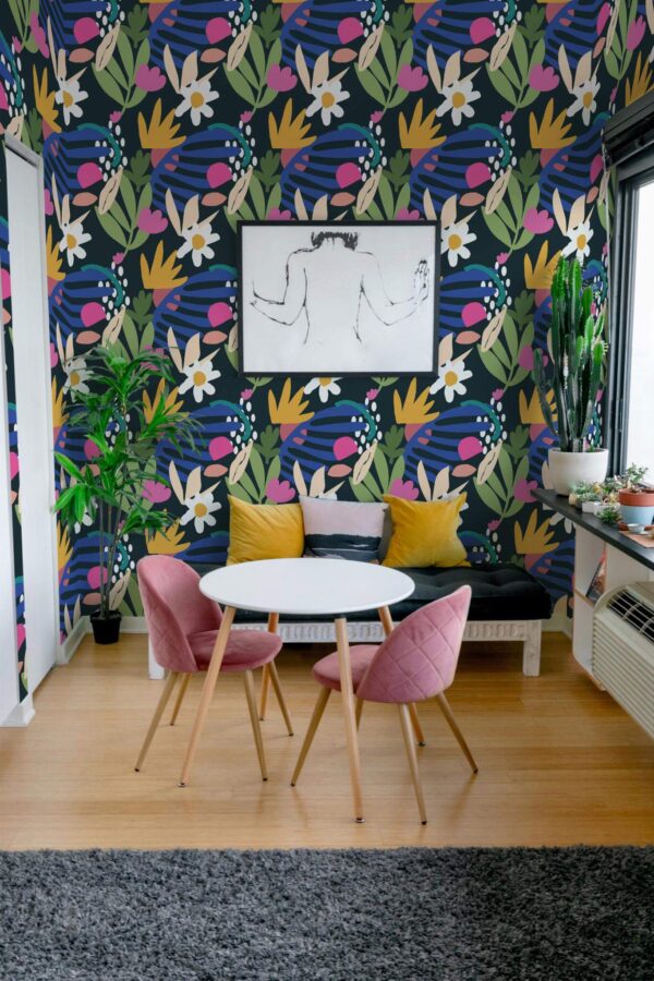 Eclectic style living room decorated with Colorful bold flowers peel and stick wallpaper