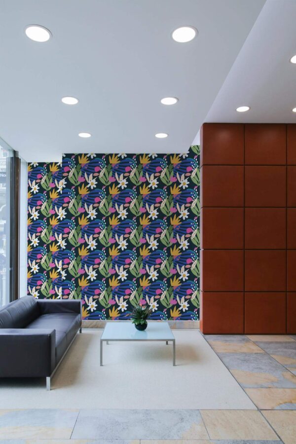 Minimal mid-century style living room decorated with Colorful bold flowers peel and stick wallpaper