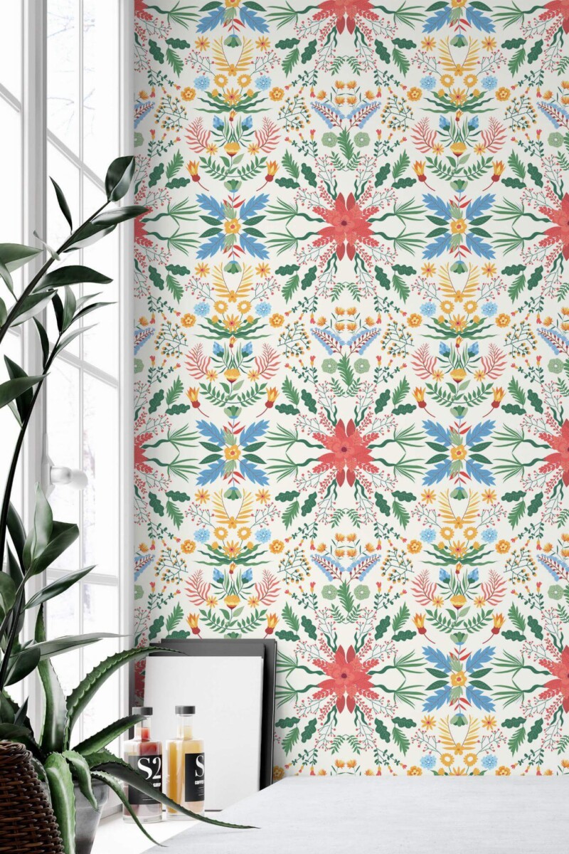 Minimal style home office decorated with Colorful bramble garden peel and stick wallpaper