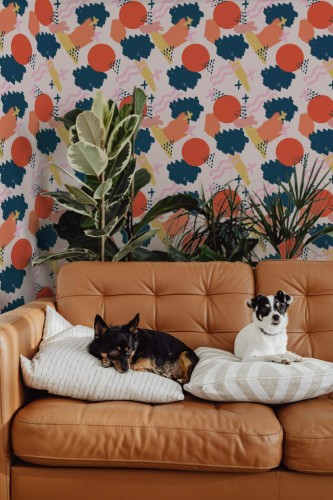 Mid-century modern style living room decorated with Colorful brushstroke peel and stick wallpaper