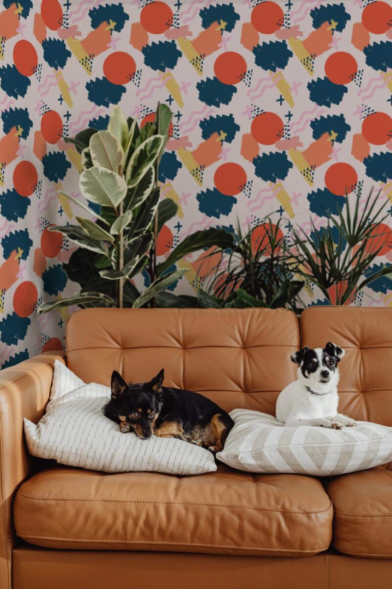 Mid-century modern style living room decorated with Colorful brushstroke peel and stick wallpaper