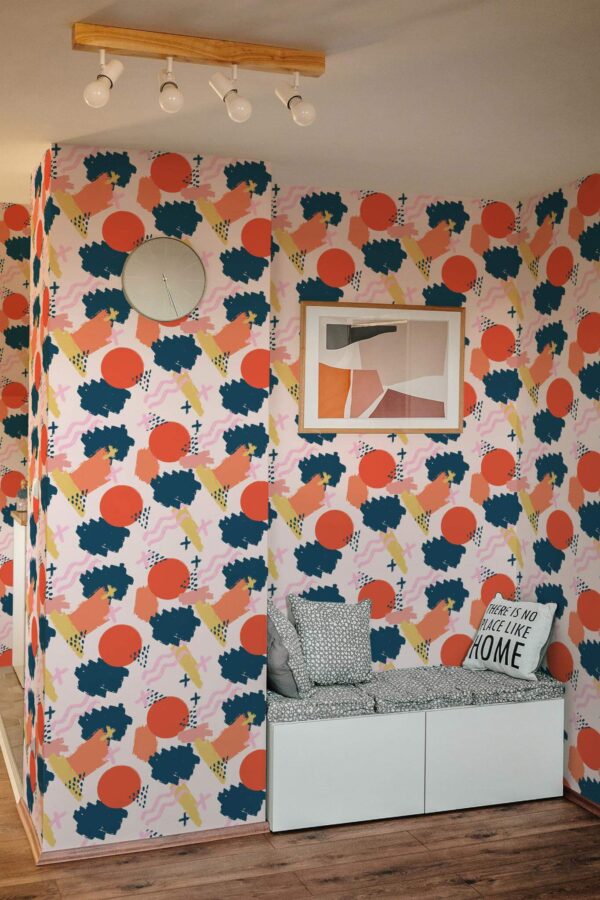 Scandinavian style entryway decorated with Colorful brushstroke peel and stick wallpaper